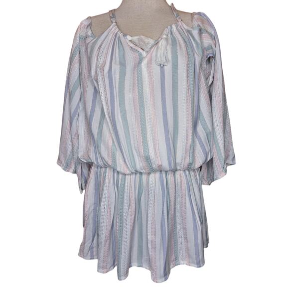 SurfGypsy NEW Shirred off the shoulder tassel mini dress cover up striped pastel - Picture 1 of 6